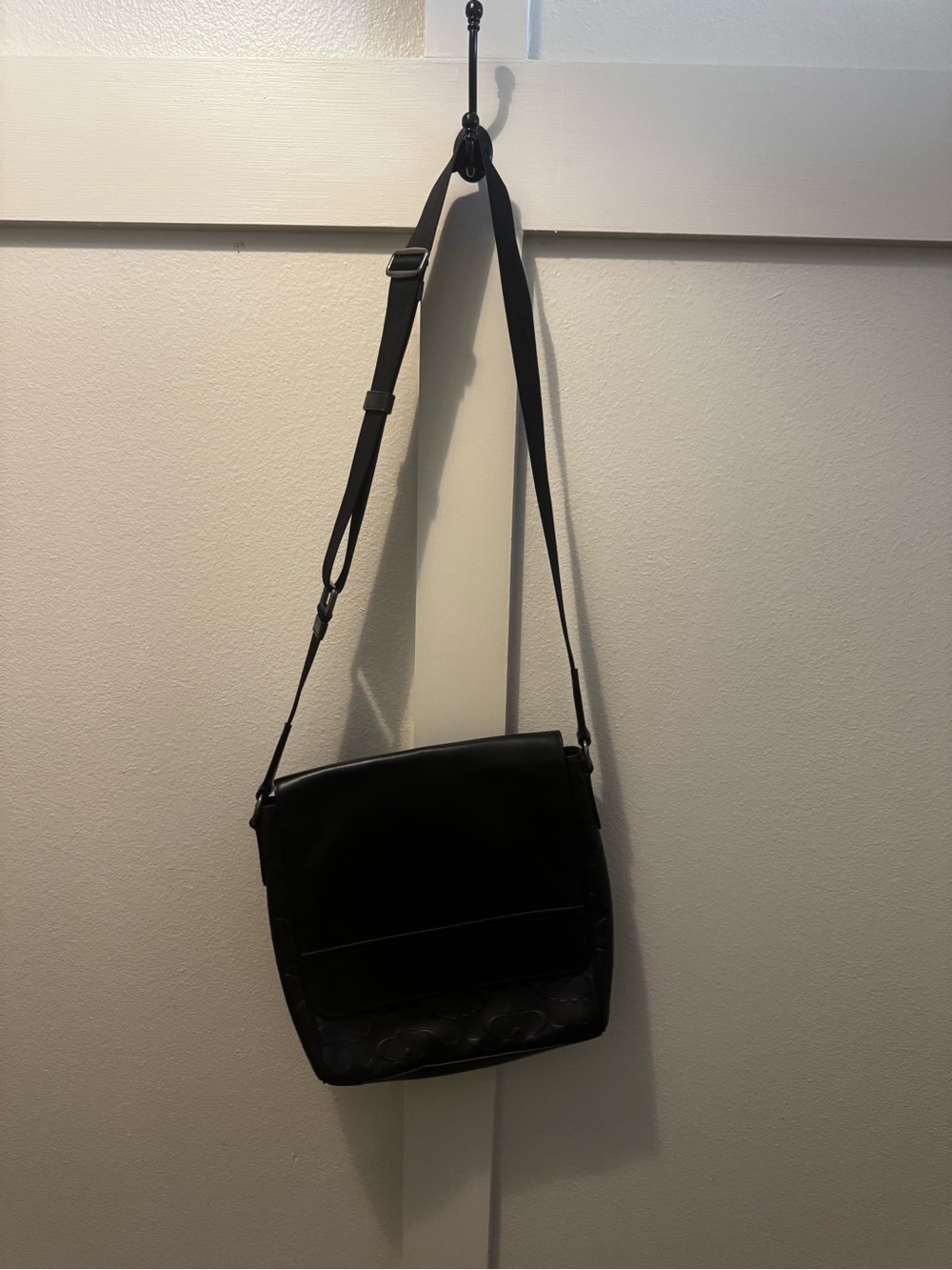 Coach Black Leather Messenger Bag with Signature Trim